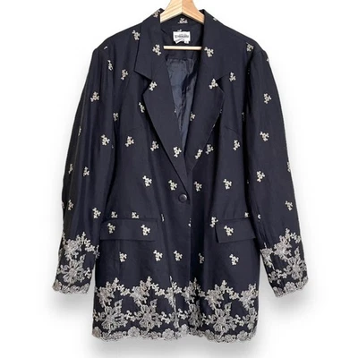 Newport News Linen Blend Navy Blue Floral Embroidered Long Blazer Women's 18 - Image 1 of 4