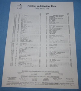 Pairings and Start Time Sheet ~ Masters Golf Tournament ~ Friday April 7, 1995 - Picture 1 of 3
