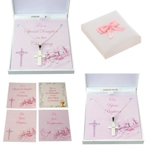 Collar De Cruz De Plata Grabada, Bautismo, Confirmación, Comunión, Ceremonia - Imagen 1 de 9