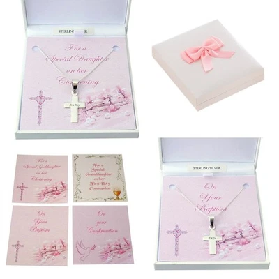 Collar De Cruz De Plata Grabada, Bautismo, Confirmación, Comunión, Ceremonia - Imagen 1 de 4