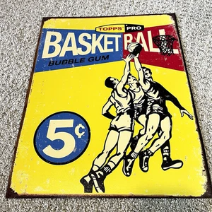 Retro Topps Pro Basketball Tin Sign Metal Bubble Gum Yellow Blue Red Game Room - Picture 1 of 9