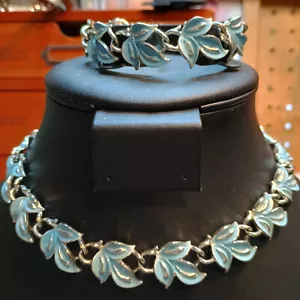 Vtg Coro Signed Necklace & Bracelet Light Blue Floral Links Excellent Condition - Picture 1 of 12