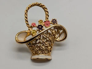 Blumenkorb Anstecknadel goldfarben und bemalt Blumen - Bild 1 von 6