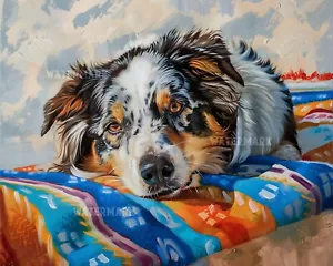 8x10 Matte Print Australian Shepherd Relaxing on Beach Towel by Bridge - Picture 1 of 4