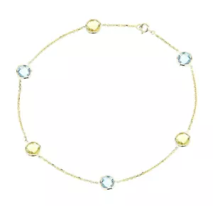 14K Yellow Gold Anklet Bracelet With Blue And Lemon Topaz Gemstones 10.5 Inches - Picture 1 of 2