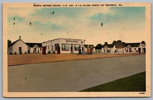 Postcard Emporia Virginia c1930s Siesta Motor Court Restaurant Gas Pumps Advert - Picture 1 of 2