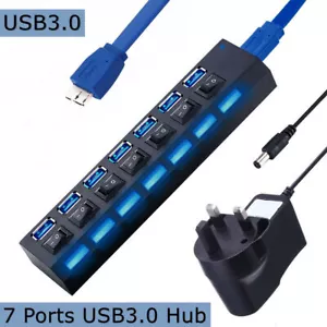 Powered 7-Port USB 3.0 Hub, High Speed Splitter Extender & PC AC Adapter Cable - Picture 1 of 10