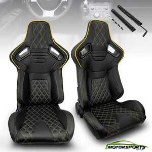 Black PVC Main Yellow Line Sport Racing Bucket Seats w/Sliders Left&Right Pair - Bild 1 von 7