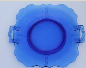 VTE DEPRESSION GLASS LE SMITH MT PLEASENT COBALT BLUE DOUBLE SHIELD CAKE PLATE - Picture 1 of 5