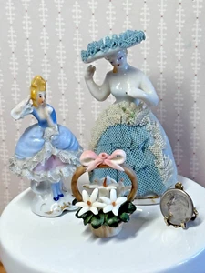 Vintage Dresden Germany Lace Elegant Victorian Woman & Basket Flowers - Picture 1 of 15