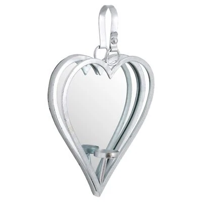 Wall Mounted Mirror Heart Candle Tealight Holder Silver Metal Sconce 40cm - Image 1 of 4