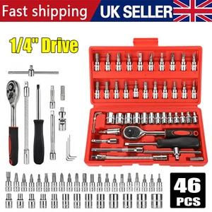 46Pcs Metric 1/4" Drive Socket Set Ratchet Wrench Screwdriver Bit Sets with Case - Picture 1 of 11