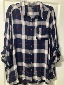 Jane & Delancey 2X Blue Pink Plaid Button Up Blouse NEW Roll Tab Sleeves Rayon - Picture 1 of 6