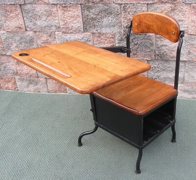 老式工业学生儿童家庭学校书桌带墨水笔凹槽存储 — 第 1/4 张图片