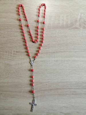 chapelet ancien grains couleur corail, croix alu , vierge + sacré coeur - Photo 1/2