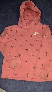 Nike: "All-Over Check" Hoodie, Size Girls Medium Pink With Black Swoosh - Picture 1 of 2