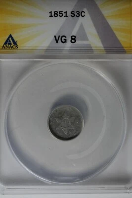 1851 .03 ANACS  VG 8  STAR AND SHIELD three cent (3c) piece, Trime - Image 1 of 2