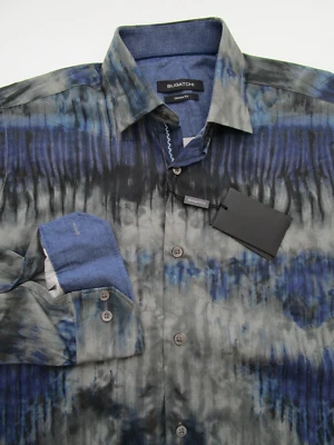 Мужская маленькая рубашка BUGATCHI Classic Fit LS с серыми синими пуговицами - Изображение 1 из 4