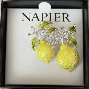 Napier Jeweled Lemon Branch Brooch Pin Yellow Enamel Gift Box - Picture 1 of 2