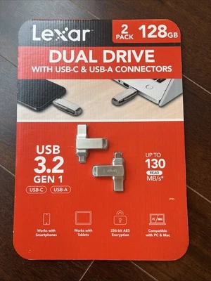 Lexar 128GB 2-в-1 двойной флэш-накопитель USB-C и USB-A, Mac-Android-ПК-2 упаковки - Изображение 1 из 2