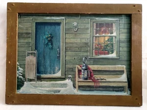 1963 Original Oil Painting Christmas Winter Porch Scene Americana Folk Art Frame - Picture 1 of 24