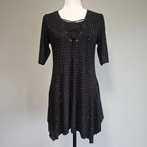 Vocal Tunic Top Medium Y2K Studded Lace-Up Front Black Stretchy Whimsigoth Boho - Picture 1 of 11