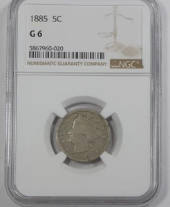 1885 Liberty/"V" Nickel CERTIFIED NGC G 6 5c - Picture 1 of 4