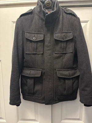 Merona Men's L Wool Blend Jacket Coat. Charcoal Gray. Wrist Cuff. Military Style - Image 1 of 3