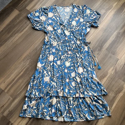 Vestido envolvente midi Knox Rose para mujer con estampado floral en capas bolsillos borlas azul 3X Foto 1 de 4