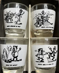 Anchor Hocking Shot Glass Set 60s Mid Century Cartoon Humor Mod Bar 4Pc Set - Picture 1 of 10