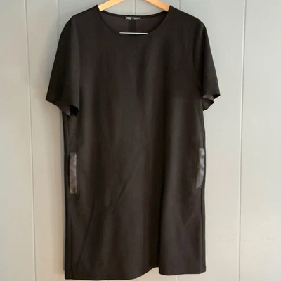 Zara black shift dress faux leather pocket trim minimalist modern classic XL - Image 1 of 4