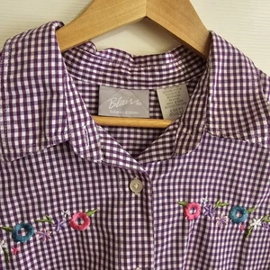 VTG Blair Purple Gingham Women's Sz LG Petite Button Up Embroidery Grandmacore - Picture 1 of 12