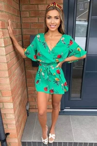 AX Paris Belted Green Printed Floral Summer playsuit Size 8 - Picture 1 of 7
