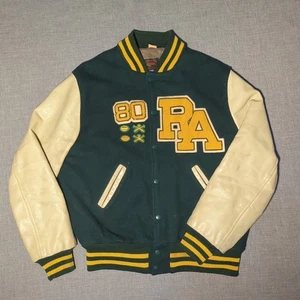 VTG Skookum Men’s Letterman Varsity Jacket SZ 46 Wool Leather Green Yellow Cream - Picture 1 of 15
