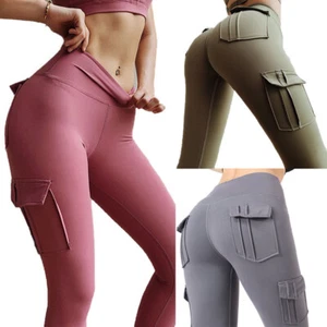 Womens Cargo Yoga Leggings With 4 Pockets Tummy Control Workout Pants High-Waist - Picture 1 of 24
