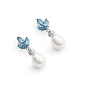 Natural London Blue Topaz Pearl Drop Earrings Dangle 925 Sterling Silver Jewelry - Picture 1 of 3