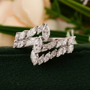 1.58 Ct Lab Grown CVD Marquise Diamond Cuff Ring 14k White Solid Gold Jewelry - Picture 1 of 9