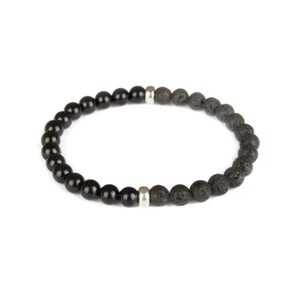 Bracciale Nero Pietre Naturali Onice Pietra Lavica Acciaio perle 6mm Uomo Donna - Foto 1 di 3