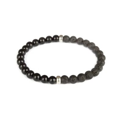 Bracciale con perle NERO 6mm e ACCIAIO e PIETRA LAVICA pietre dure naturali Uomo - Immagine 1 di 2