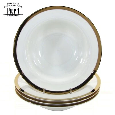 Pier 1 Imports GOLD BAND 16oz Rimmed Soup Pasta 8.75" Bowl Set 4Pc White Mint - Image 1 of 4