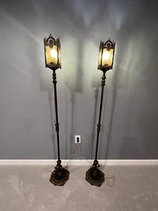 Antique Electric Lights Brass Floor Light Colored Glass Lantern Style NICE - Picture 1 of 10