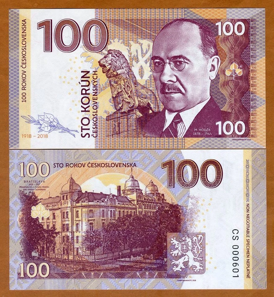 Czechoslovakia, 100 Korun, 2018, Private issue, Specimen, UNC Milan Hodža - Image 1 of 1