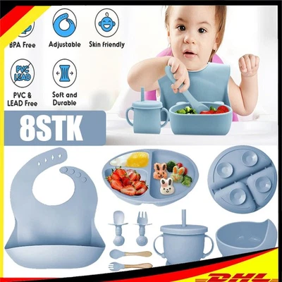 8 Tlg Teller Geschirr Kinder Löffel Becher Gabel Geteiltes Tellerset Baby Rosa - Bild 1 von 4