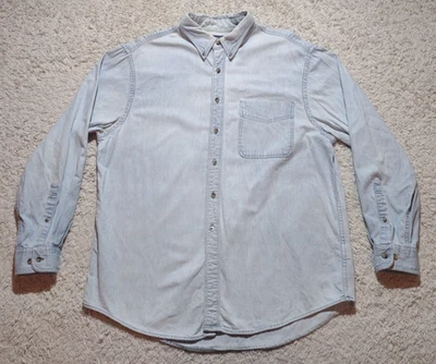 Vintage 90s Land's End Denim Shirt Men's L Button Up Long Sleeve Light Wash USA - Image 1 of 4