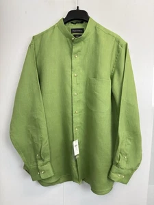 NEW Paul Frederick Men’s Size L Finest Pure Linen Shirt Band Collar Green - Picture 1 of 7