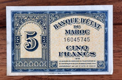 Morocco 5 Francs 1943 p-24a AU - Image 1 of 2