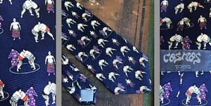 NWOT NEW VTG COSMOS TOKYO 100% SILK TWILL NECKTIE SUMO WRESTLERS PRINT NAVY BLUE - Picture 1 of 10