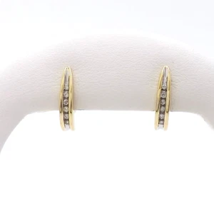 10K Gold Natural Diamond J Hoop Earrings Tapered Channel Set - Picture 1 of 11