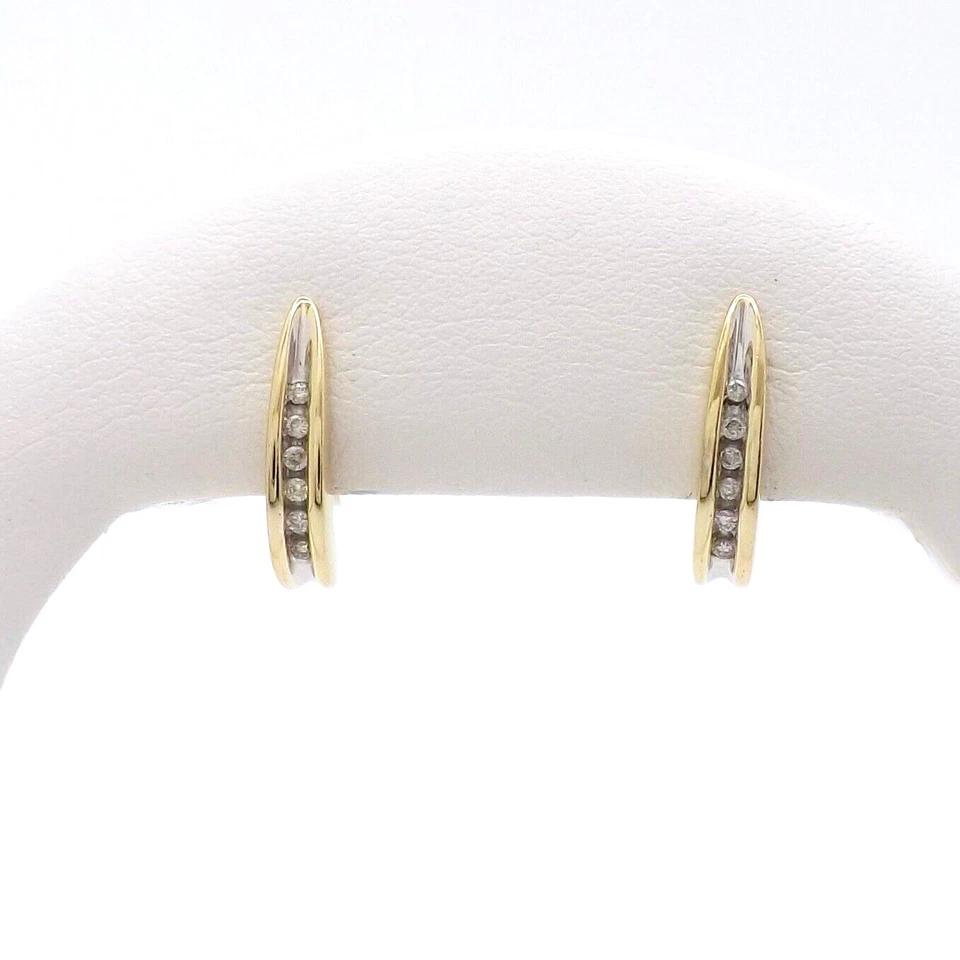 10K Gold Natural Diamond J Hoop Earrings Tapered Channel Set - Image 1 of 4