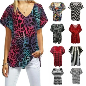 Womens T Shirt Ladies Oversized Baggy Plus Size Top Loose V Neck Turn Up Batwing - Picture 1 of 19